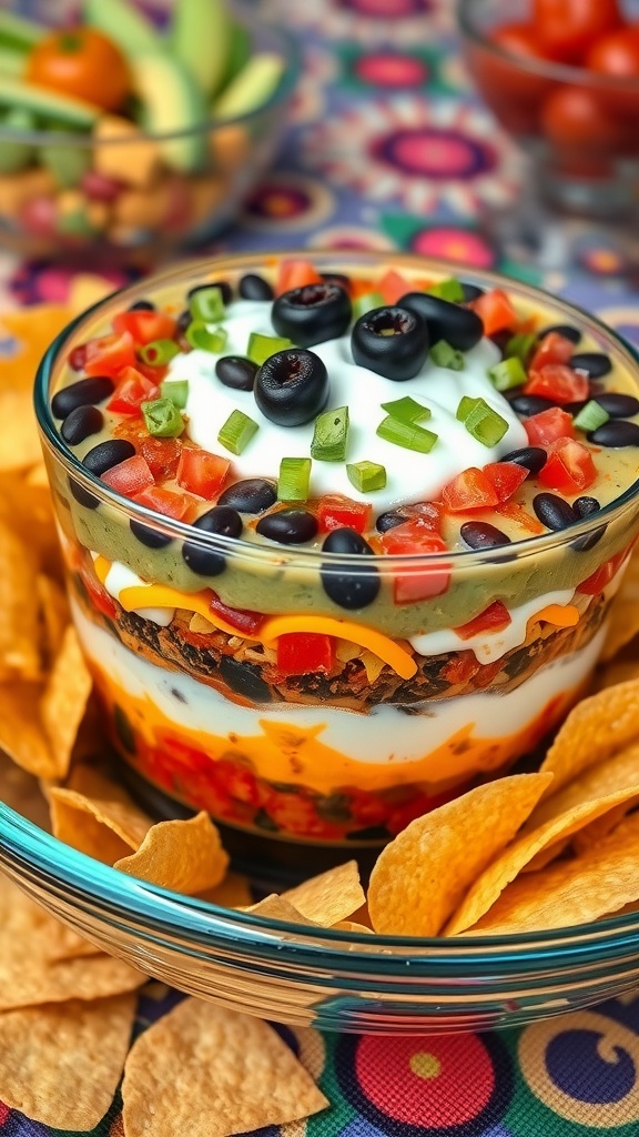 A colorful 7 layer dip with black beans and tortilla chips, highlighting layers of guacamole, sour cream, salsa, cheese, tomatoes, and green onions.